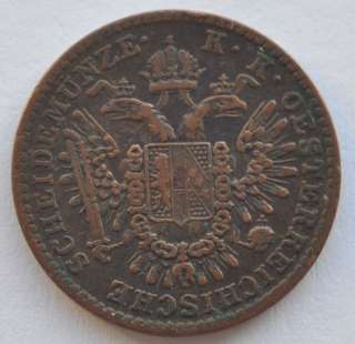 Austria 1851 B 1/2 Kreuzer Copper Coin in VF+  