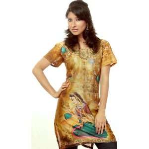 Printed Khaki Kurti with Lady and Deer   Pure Cotton Silk with Digital 
