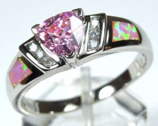 Trillion Pink topaz and Pink Fire Opal Inlay 925 Sterling Silver Ring 