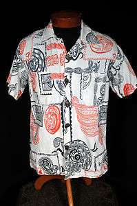 RARE VINTAGE 1950S COTTON MEXICAN PRINT SHIRT WITH ORNATE BUTTONS 