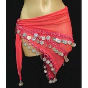  ~ Hot Belly Dancers Silver Coins/Beads Pink Hip Scarf 