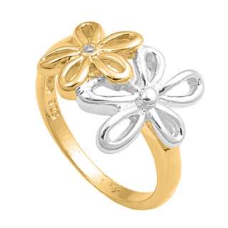 925 Sterling Silver Two tone Flower Design CZ Ring  
