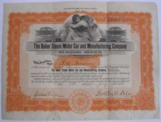 Baker Steam Motor Car Manufact Stock Certificate c.1918  