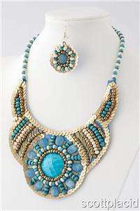 Chunky Blue Gold Bead Sequin Statement Bib Costume Jewelry Earring 