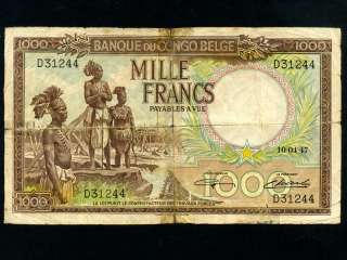 Belgian Congo:P 19b,1000 Francs,1947 * Warega fisherman  