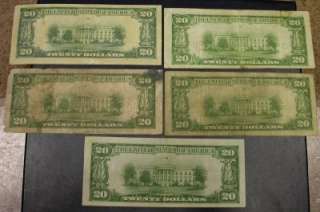 FIVE DIFFERENT BANK NATIONAL LOT  ALL $20 BILLS  ID#OO394  