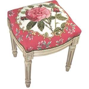   Rose with Pink Border Needlepoint Stool in White Wash