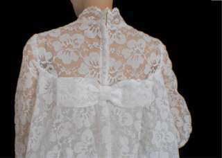 Vtg 60s White Big Bow Wedding Dress Empire M Cape Train Floral Lace 