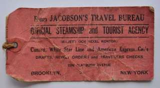 1920s USA Cruise Ship Steamer Third Class Ticket / Luggage Tag in VF 