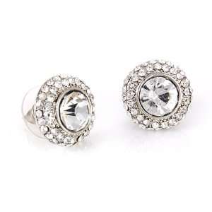  Silvertone Clear Crystal Button Earrings Fashion Jewelry 