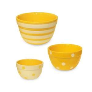 Terramoto Ceramic 3 Piece Polka Dots and Stripes Prep Bowl Set, Yellow 