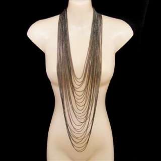  antique style jewellery jet black multi chain strand long necklace LN8