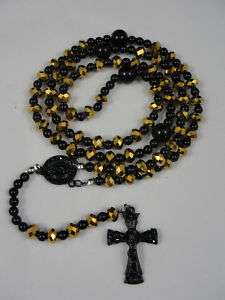 ROSARY BEAD CROSS NECKLACE ICED OUT BLACK & GOLD  