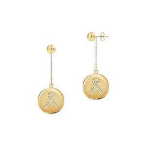 Diamond Breast Cancer Awareness Ribbon Disc Earrings : 14K Yellow Gold 