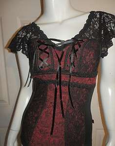 TRIPP BLACK RED LACE BROCADE RIBBON CORSET TOP SIZE EXTRA SMALL  