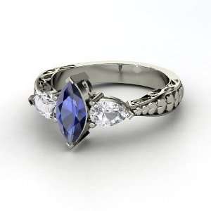Hearts Summit Ring, Marquise Sapphire Sterling Silver Ring with White 