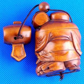 Hand Carved Wood Boxwood Inro Man Drum Netsuke Carving  