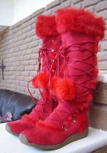 FIRE ENGINE RED Fuzzy Knee Hight Boots, size 8 Soooo CUTE!