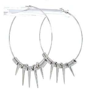   Ex large Hoops Earrings Silver Tone Rondell & Spikes  5 Inches Drop