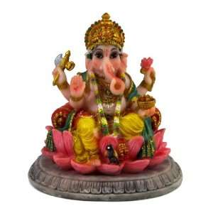 Hindu Deity Ganesh Sitting on Lotus Flower Polyresin Figurine, Full 