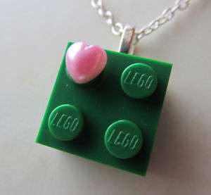 LUV LEGO Green Lego Brick & Pearly AB Heart Necklace  