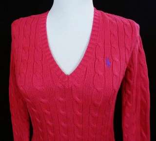   Lauren Fuschia Pink V Neck Cotton Cableknit Pony Sweater XS NEW  