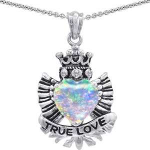  Sterling Silver Created Opal Heart With Crown and Angel Wings Pendant