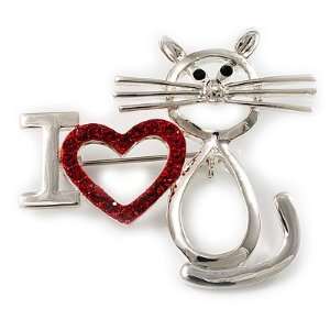  I Love Cat Crystal Brooch (Silver Tone) Jewelry