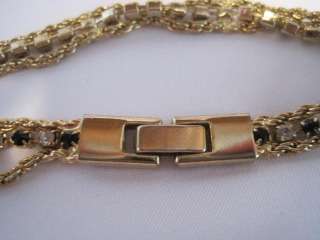 Vintage Yechang Rhinestone Chain Bracelet Black Clear Gold Tone Signed 