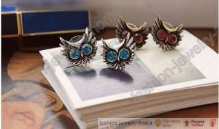 1pair x Fashion Retro Blue & Red Eye crystal Owl Earrings  