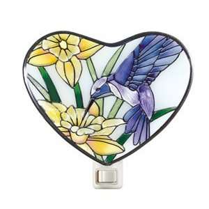  Daffodil & Hummingbird Hand Painted Stained Glass Heart 
