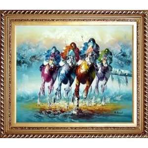  Horse Racing Oil Painting, with Exquisite Dark Gold Wood 