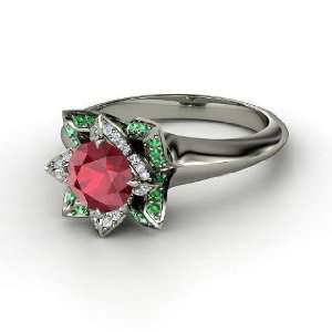   Ring, Round Ruby 14K White Gold Ring with Diamond & Emerald Jewelry
