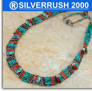 HUGE TURQUOISE , CORAL .925 SILVER necklace; circumference of 
