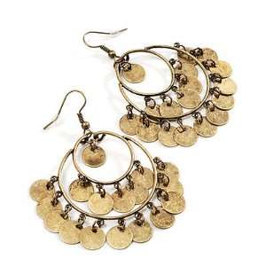  Bronze Tone Coin Hoop Earrings   6.5cm Drop: Jewelry