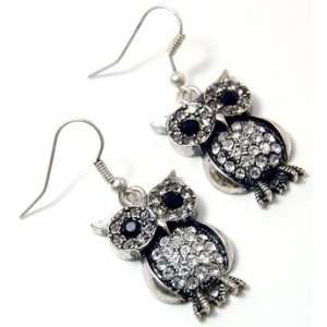 Trendy Black and Clear Crystal Dangle Owl Earrings   Silver Plated