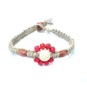  Red Beaded Flower Hawaiian Inspired Hemp Bracelet   Jewelry Jewelry