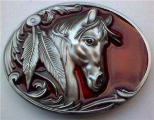 BRAND NEW HORSE RED FEATHER COWBOY WESTERN BELT BUCKLE  