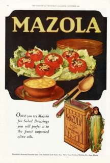 MAZOLA COOKING   SALAD OIL AD   1920   INDIAN MAIDEN CORN LADY  