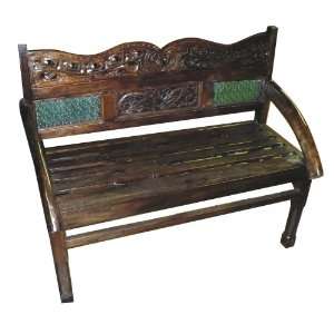  Hand Carved Indonesian Bench w/ Glass Panels