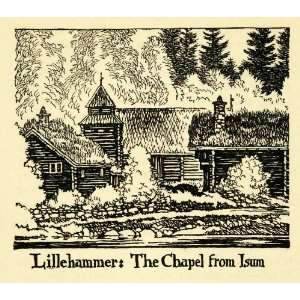  1938 Wood Engraving Lillehammer Chapel Isum Architecture 