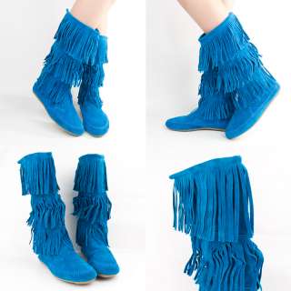   SUEDE ROUND TOE FRINGE MOCCASIN MID CALF KNEE HIGH FLAT BOOTS  