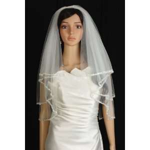  2T White Elbow Beaded Edge Wedding Bridal Veil Beauty