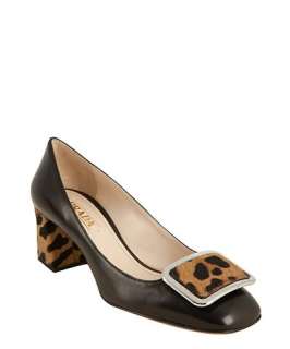 Prada black leather and leopard calf hair block low heel pumps