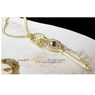 Fashion Jewelry Violet Crystal Love Key Crown Necklace Sweater Chain 