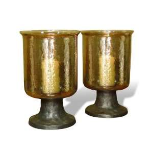 Pajaro Rustic Metal and Amber Seeded Glass Hurricanes   Pair  