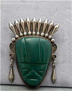 Vintage Mexico Sterling Silver Carved Green Onyx Mayan Aztec Face 