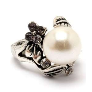  White Large Pearl with Flower Design Fashion Ring 