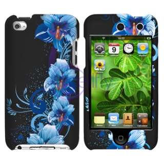 Black Blue Flower Floral Hard Skin Case Cover for Apple iPod Touch 4th 