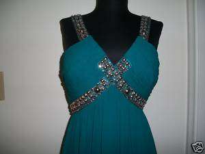 NWOT Nina Austin Silk Beads & Rhinestones Gown ` Dark Jade` Size 